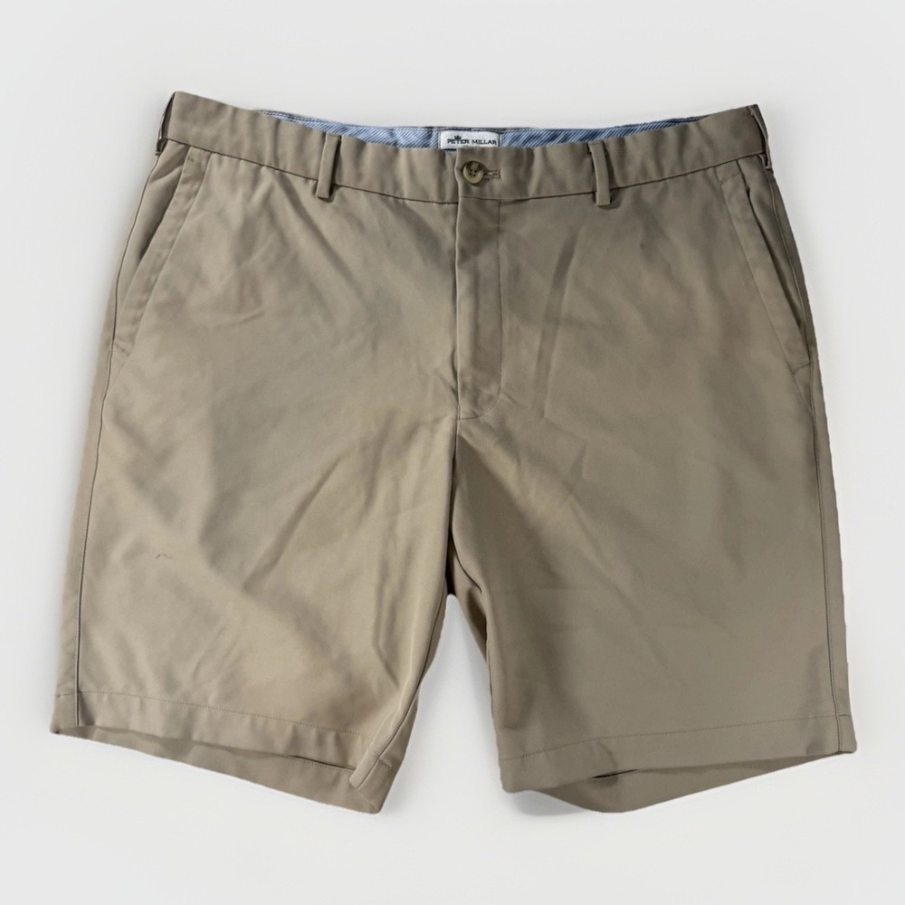 Peter Millar Khaki Golf Shorts Mens 36 Beige Performance Flat Front